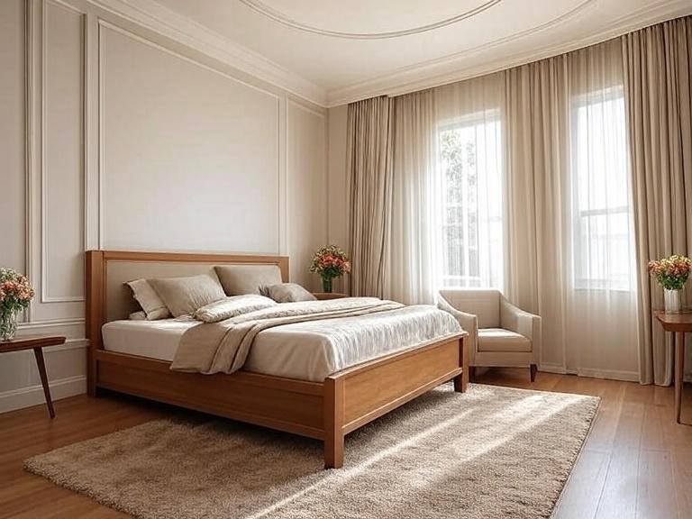 Camera da letto con tende leggere e luce naturale Design biofilico casa