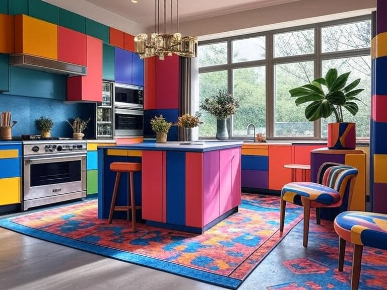 Colori interni casa 2025 vibranti in cucina con pattern drenching arredamento