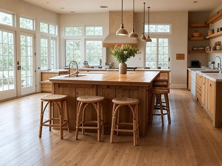 Cucina con isola in legno e sgabelli in rattan Design biofilico casa