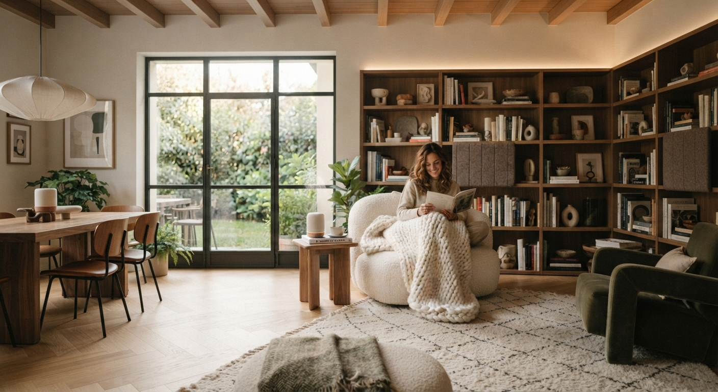 design multisensoriale Persona che legge in un angolo relax con poltrona bouclé, coperta in lana e diffusore di aromi in un soggiorno moderno